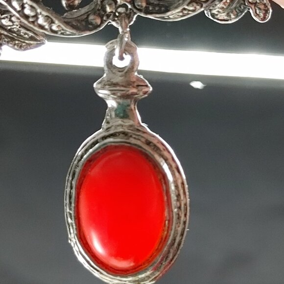 Antique Red Carnelian Stone Brooch or Hat Jewelry Silverplated in Bezel Setting - Picture 8 of 10